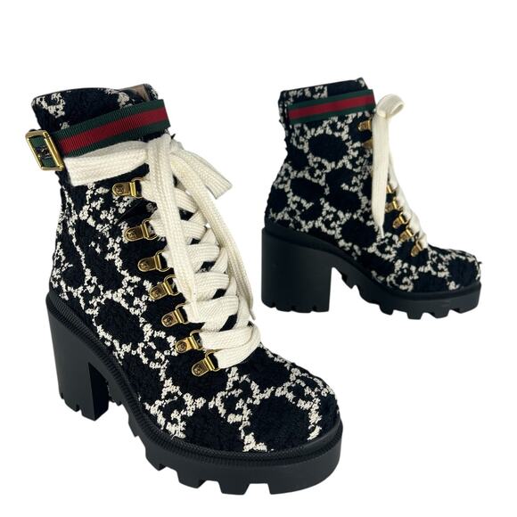 Gucci Tweed GG Monogram Lace Up Combat Ankle Boots - Picture 7 of 15